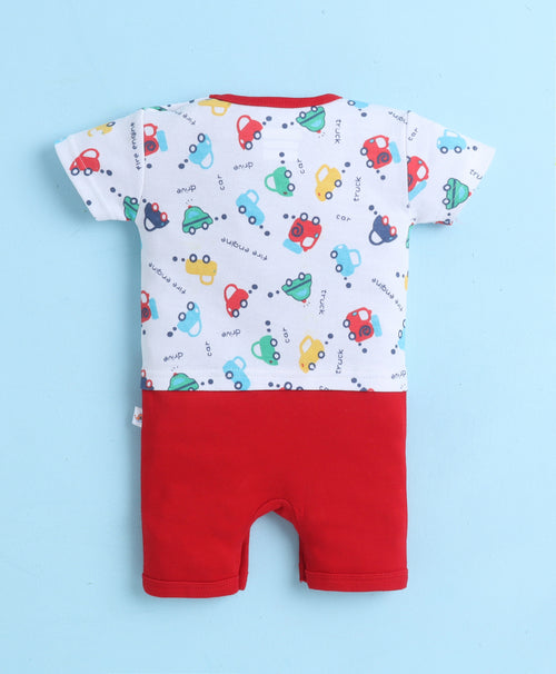 Boys 100% Cotton Graphic Half Sleeves Romper - White & Red