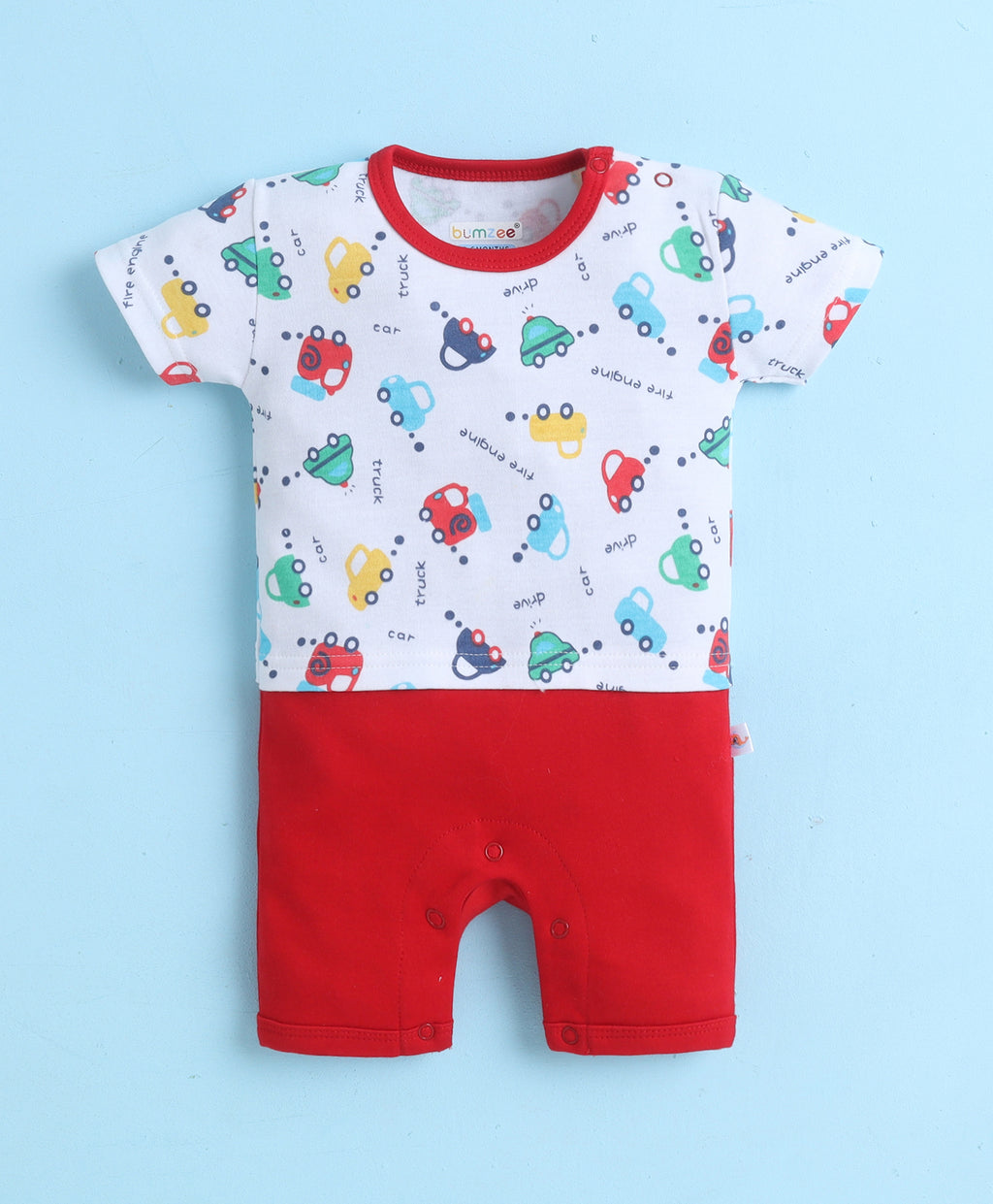 Bumzee White & Red Graphic Print Romper, Half Sleeves, 100% Cotton