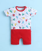 Bumzee White & Red Graphic Print Romper, Half Sleeves, 100% Cotton