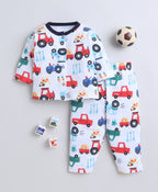 Bumzee White Graphic Print Jabla & Pyjama Set, Full Sleeves, 100% Cotton (Style Peb11635)
