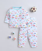 Bumzee White Floral Print Jabla & Pyjama Set, Full Sleeves, 100% Cotton