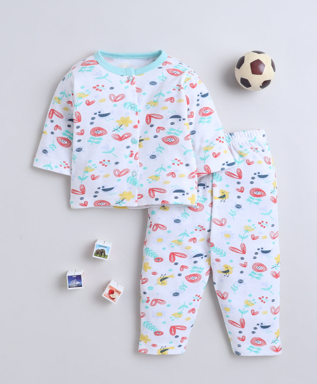 Bumzee White Floral Print Jabla & Pyjama Set, Full Sleeves, 100% Cotton