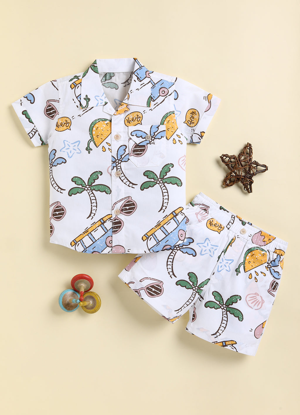 Bumzee White Graphic Print Woven Shirt & Short Set, Half Sleeves, 100% Cotton