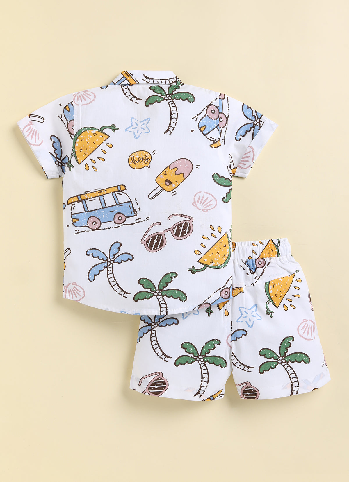 Bumzee White Graphic Print Woven Shirt & Short Set, Half Sleeves, 100% Cotton