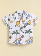 Bumzee White Graphic Print Woven Shirt & Short Set, Half Sleeves, 100% Cotton