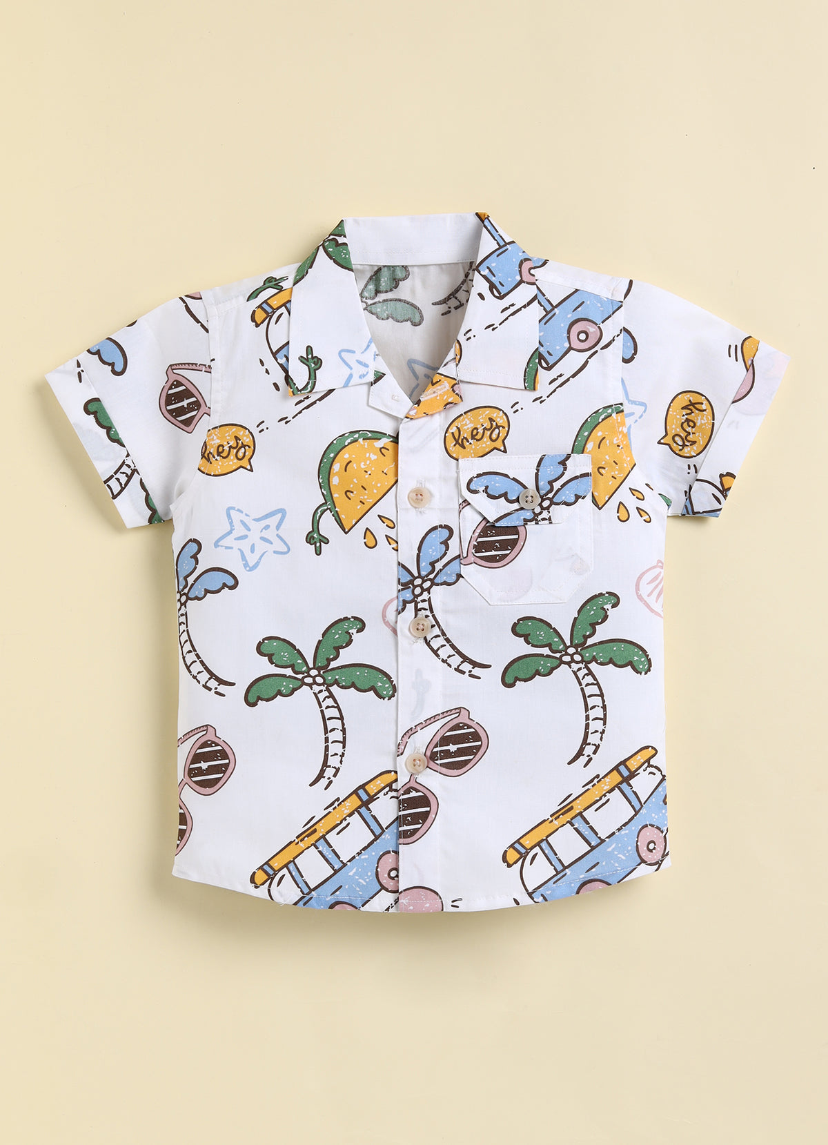 Bumzee White Graphic Print Woven Shirt & Short Set, Half Sleeves, 100% Cotton