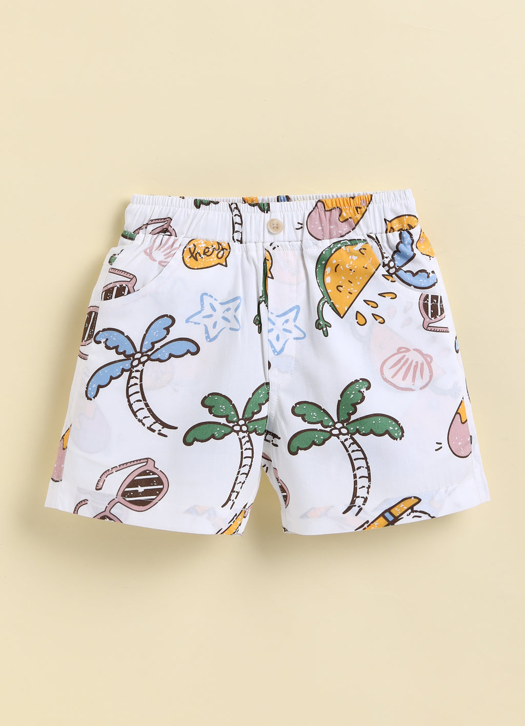 Bumzee White Graphic Print Woven Shirt & Short Set, Half Sleeves, 100% Cotton