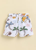 Bumzee White Graphic Print Woven Shirt & Short Set, Half Sleeves, 100% Cotton