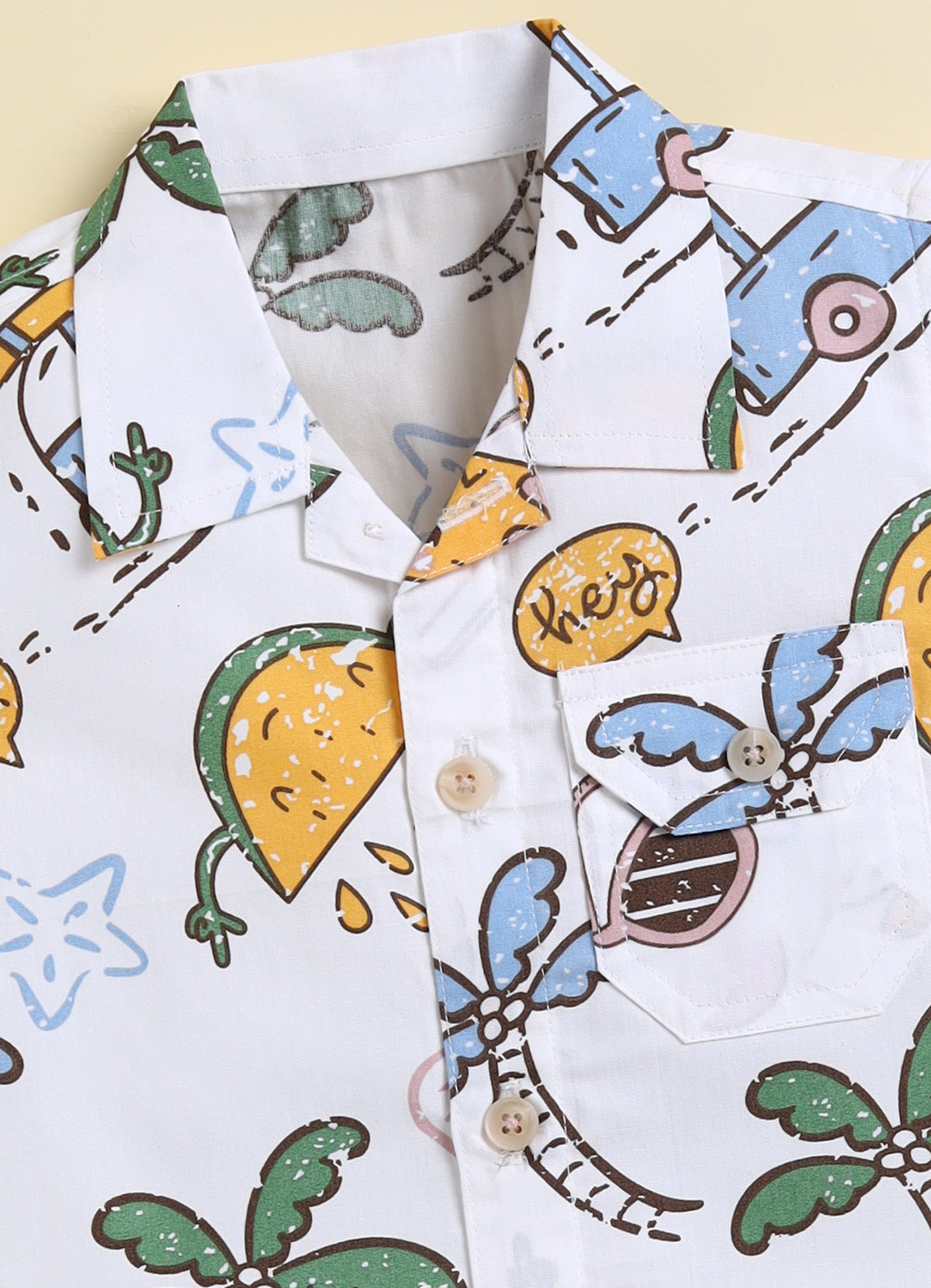 Bumzee White Graphic Print Woven Shirt & Short Set, Half Sleeves, 100% Cotton
