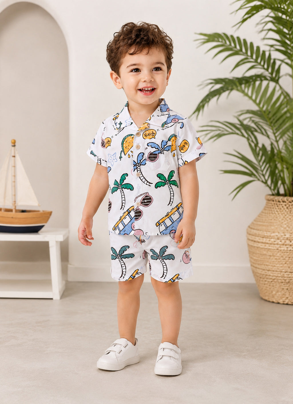 Bumzee White Graphic Print Woven Shirt & Short Set, Half Sleeves, 100% Cotton