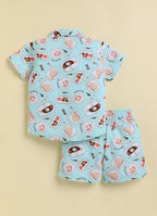 Bumzee Pista Green Graphic Print Woven Shirt & Short Set, Half Sleeves