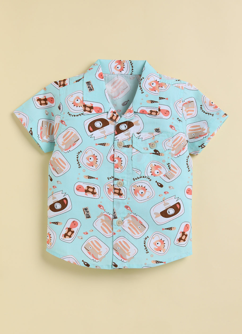 Bumzee Pista Green Graphic Print Woven Shirt & Short Set, Half Sleeves