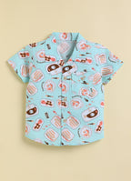 Bumzee Pista Green Graphic Print Woven Shirt & Short Set, Half Sleeves