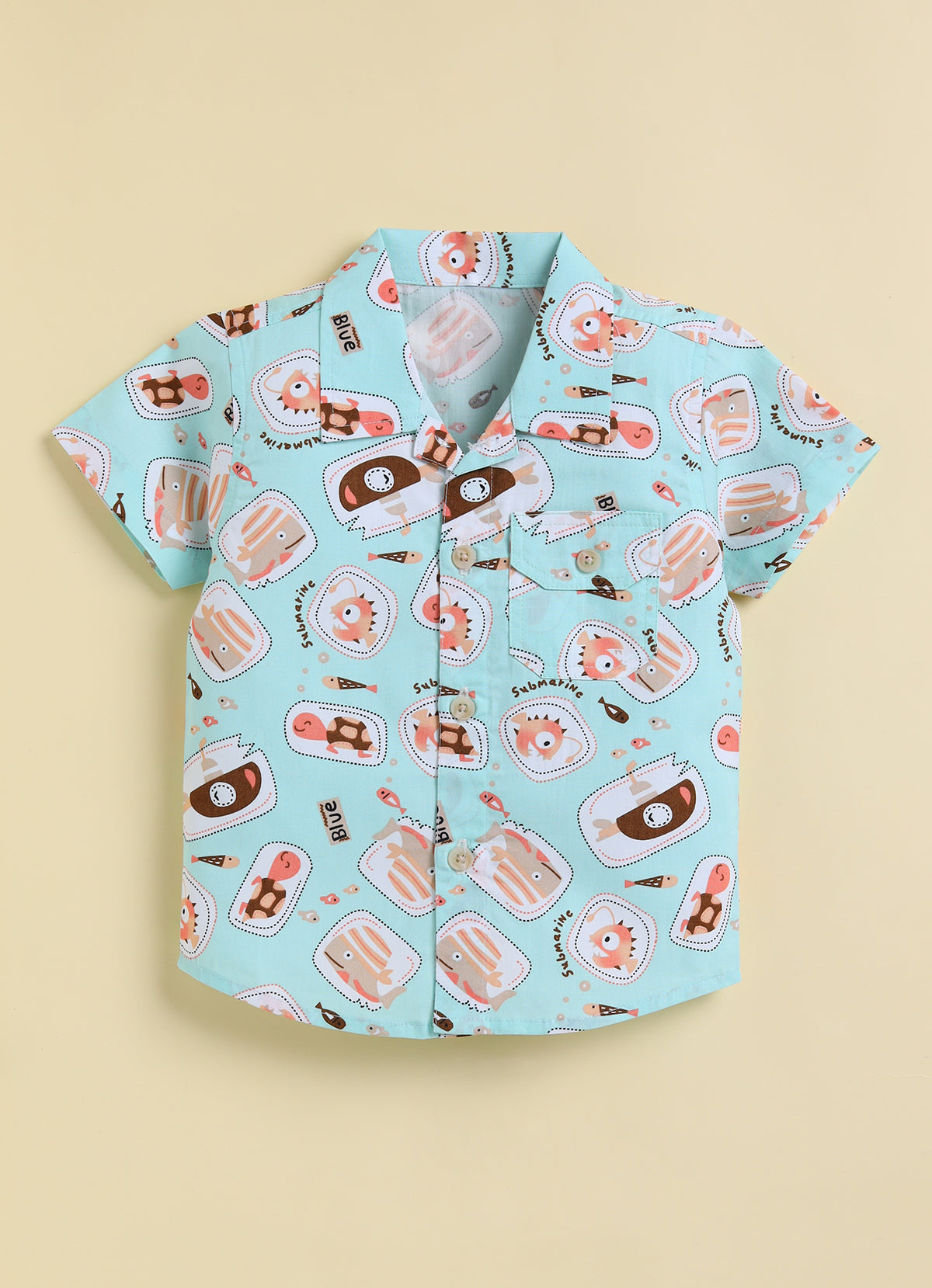 Bumzee Pista Green Graphic Print Woven Shirt & Short Set, Half Sleeves