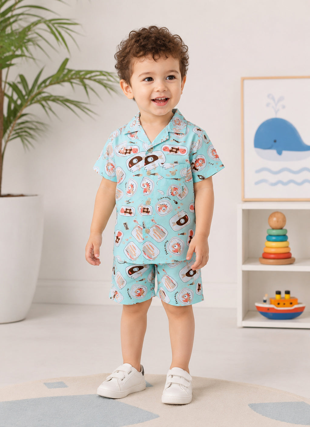 Bumzee Pista Green Graphic Print Woven Shirt & Short Set, Half Sleeves