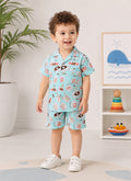 Bumzee Pista Green Graphic Print Woven Shirt & Short Set, Half Sleeves