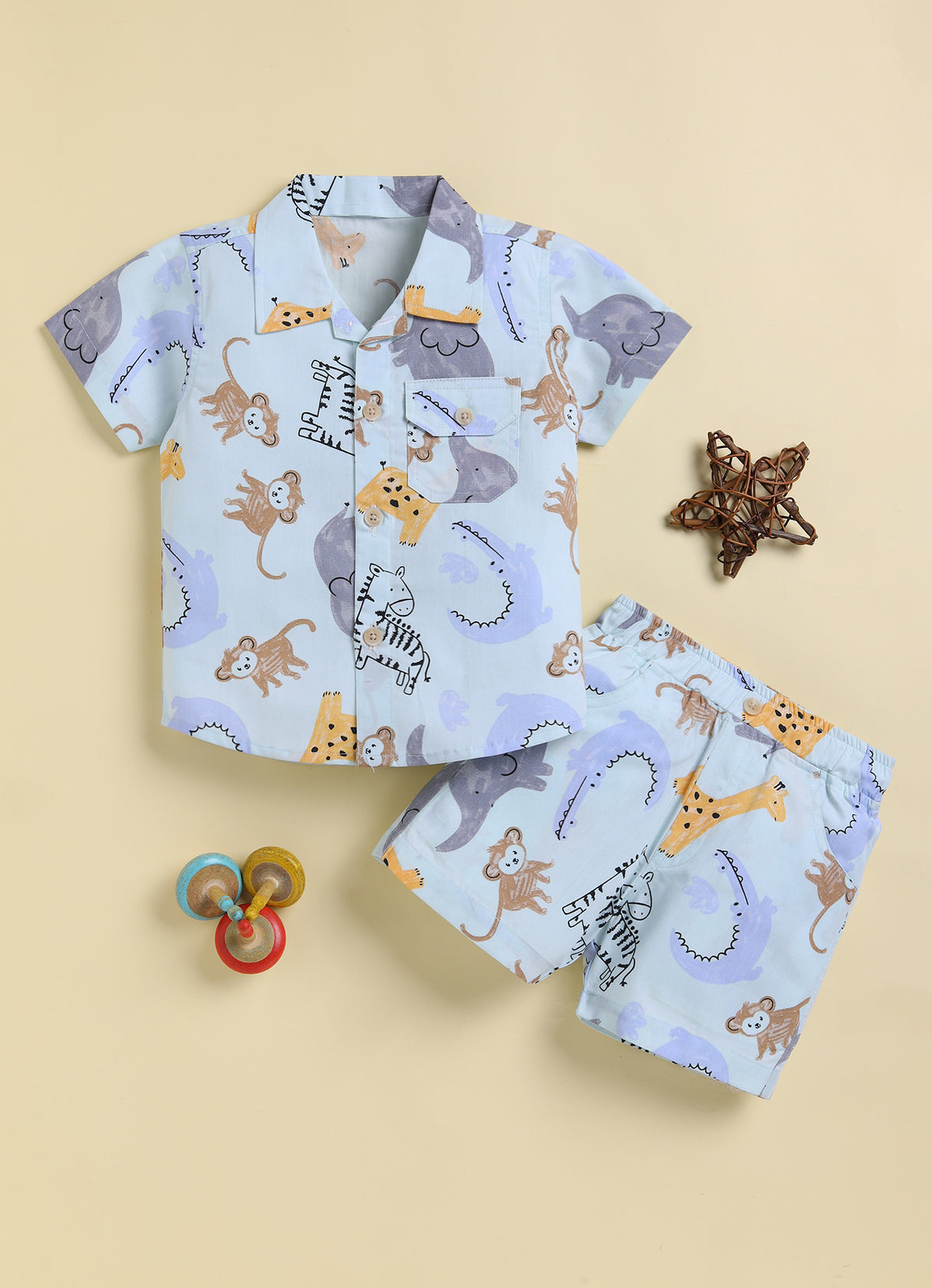 Bumzee Sky Blue Animal Print Woven Shirt & Short Set, Half Sleeves, 100% Cotton