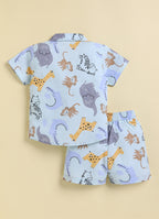 Bumzee Sky Blue Animal Print Woven Shirt & Short Set, Half Sleeves, 100% Cotton