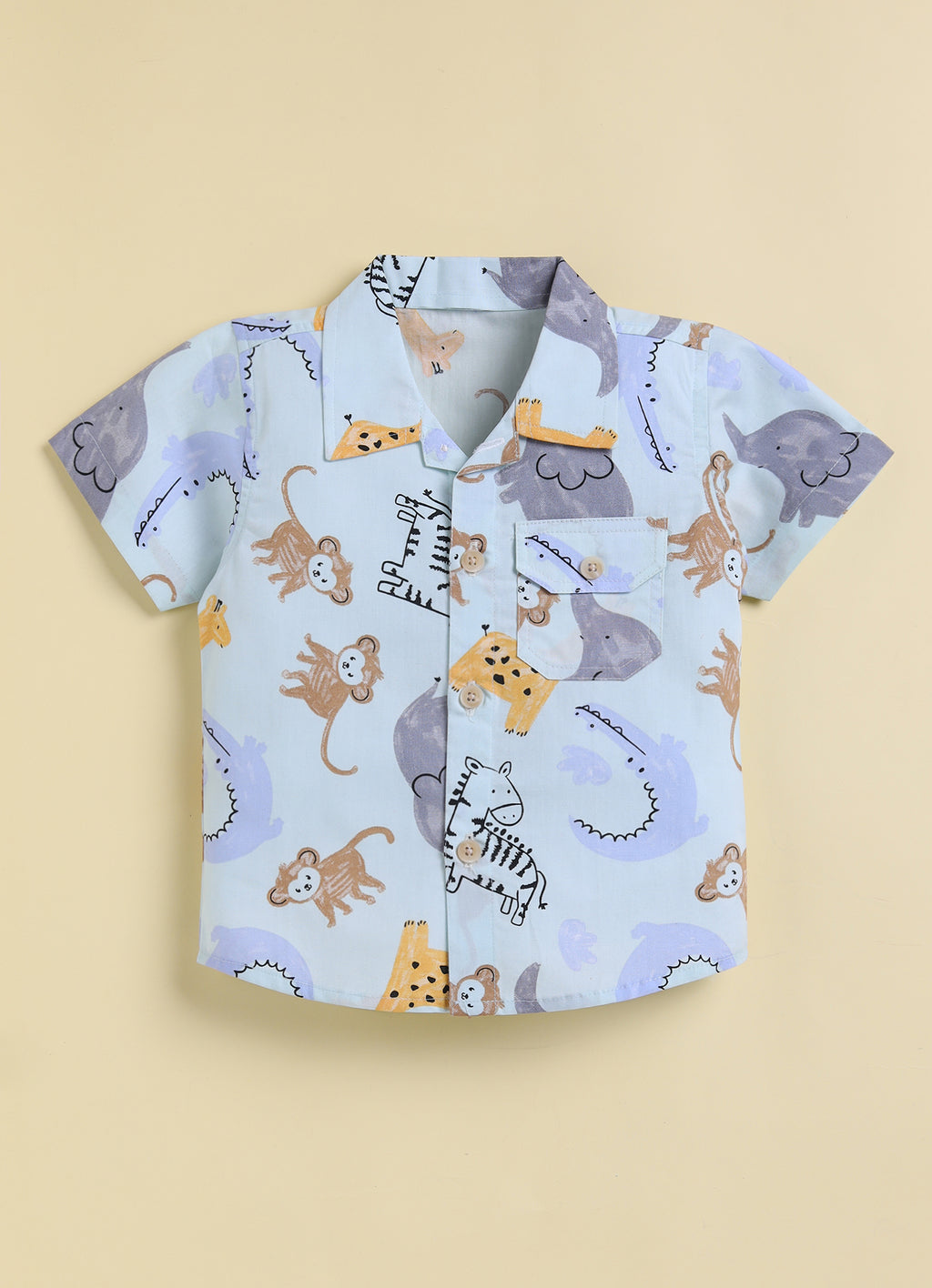 Bumzee Sky Blue Animal Print Woven Shirt & Short Set, Half Sleeves, 100% Cotton