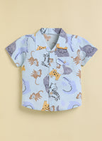 Bumzee Sky Blue Animal Print Woven Shirt & Short Set, Half Sleeves, 100% Cotton