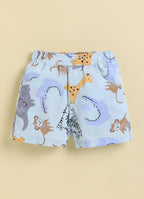 Bumzee Sky Blue Animal Print Woven Shirt & Short Set, Half Sleeves, 100% Cotton