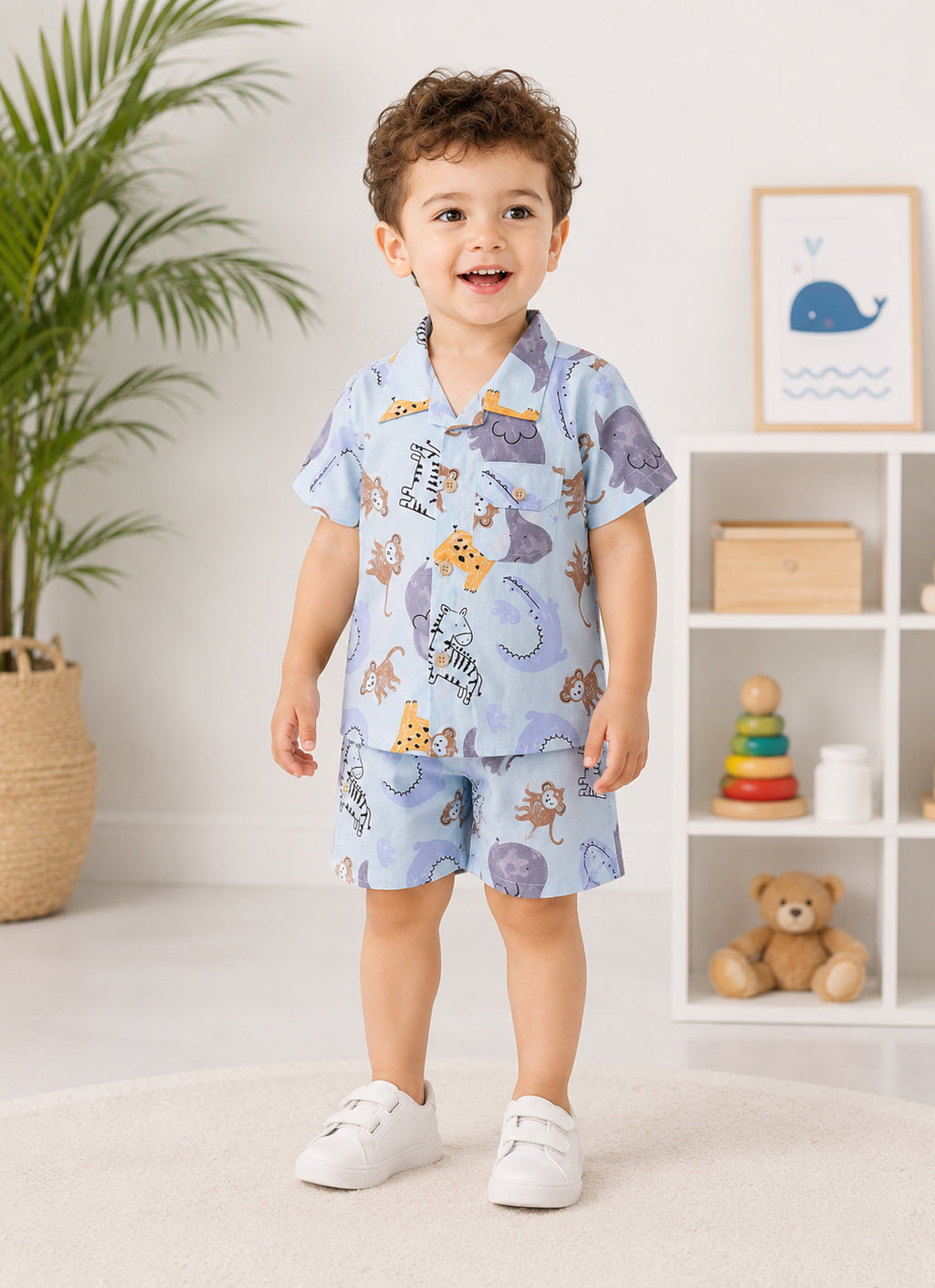 Bumzee Sky Blue Animal Print Woven Shirt & Short Set, Half Sleeves, 100% Cotton