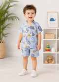 Bumzee Sky Blue Animal Print Woven Shirt & Short Set, Half Sleeves, 100% Cotton