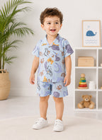 Bumzee Sky Blue Animal Print Woven Shirt & Short Set, Half Sleeves, 100% Cotton