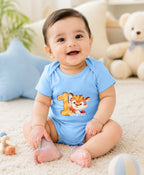 Bumzee Sky Blue Animal Print Bodysuit, Half Sleeves, 100% Cotton, Onesie (Style Peb11642)