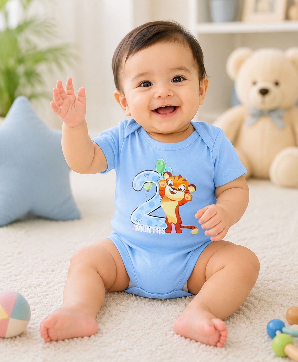 Bumzee Sky Blue Animal Print Bodysuit, Half Sleeves, 100% Cotton, Onesie (Style Peb11643)