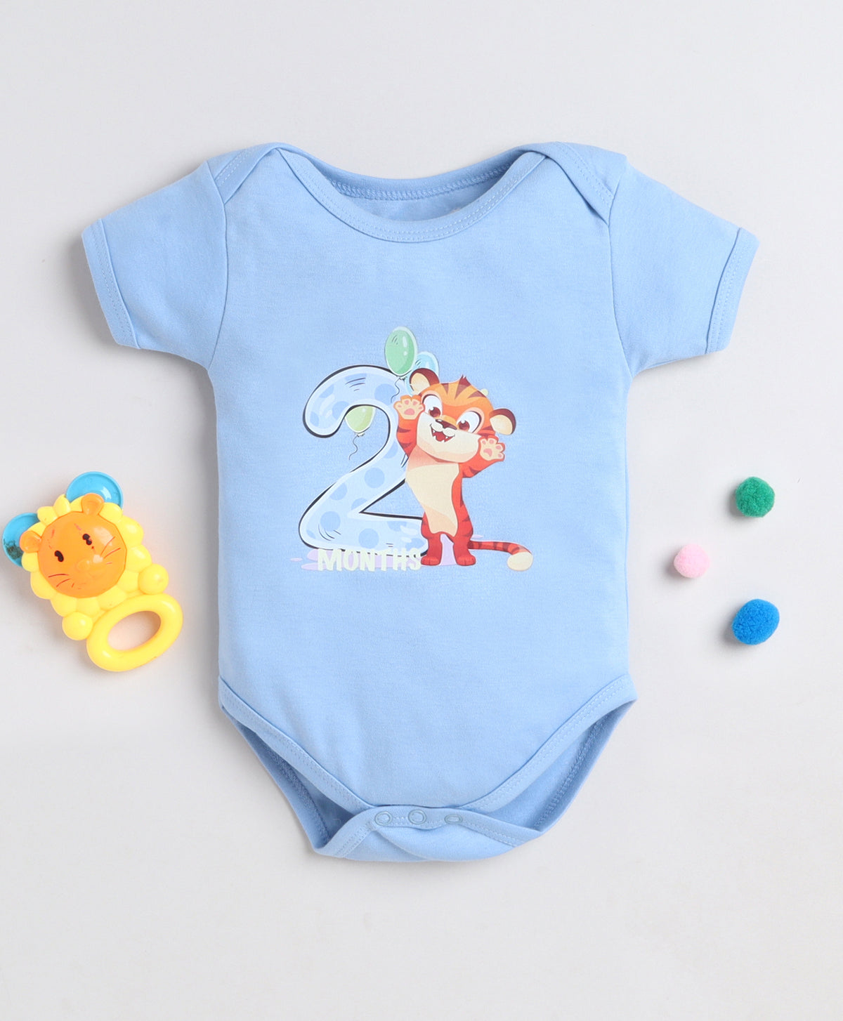 Bumzee Sky Blue Animal Print Bodysuit, Half Sleeves, 100% Cotton, Onesie (Style Peb11643)