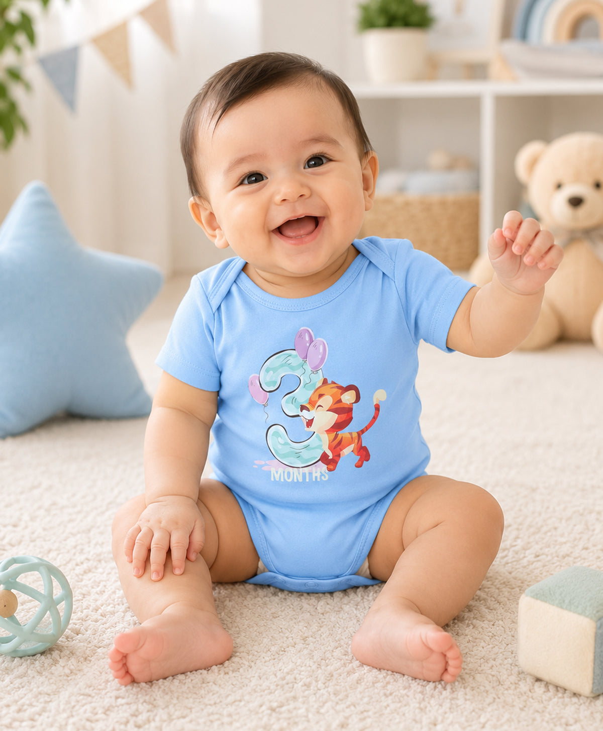Bumzee Sky Blue Animal Print Bodysuit, Half Sleeves, 100% Cotton, Onesie (Style Peb11644)
