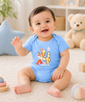 Bumzee Sky Blue Animal Print Bodysuit, Half Sleeves, 100% Cotton, Onesie (Style Peb11645)