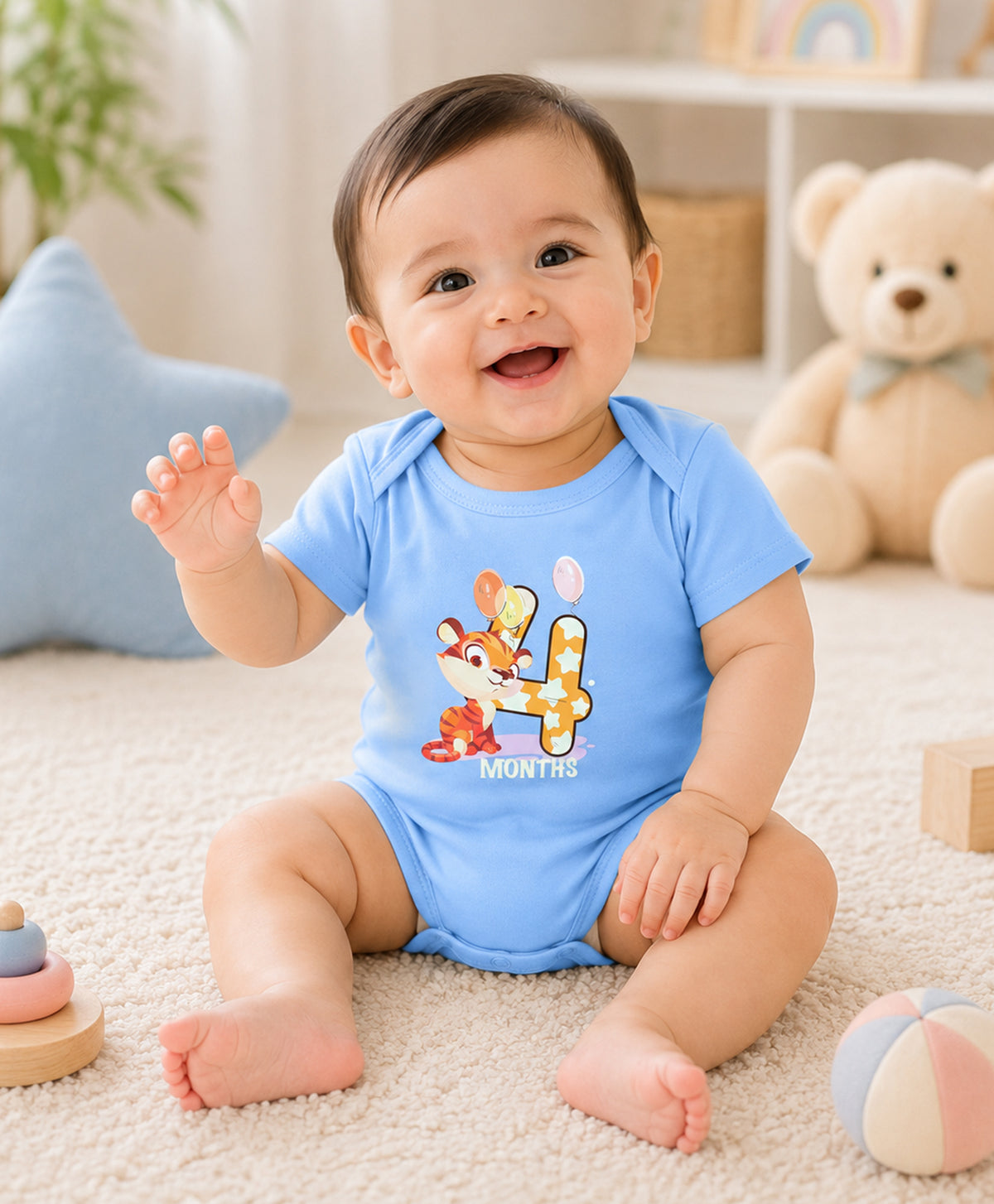 Bumzee Sky Blue Animal Print Bodysuit, Half Sleeves, 100% Cotton, Onesie (Style Peb11645)