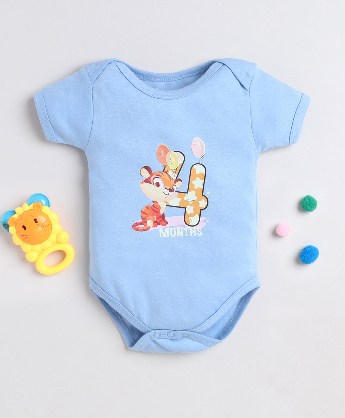 Bumzee Sky Blue Animal Print Bodysuit, Half Sleeves, 100% Cotton, Onesie (Style Peb11645)