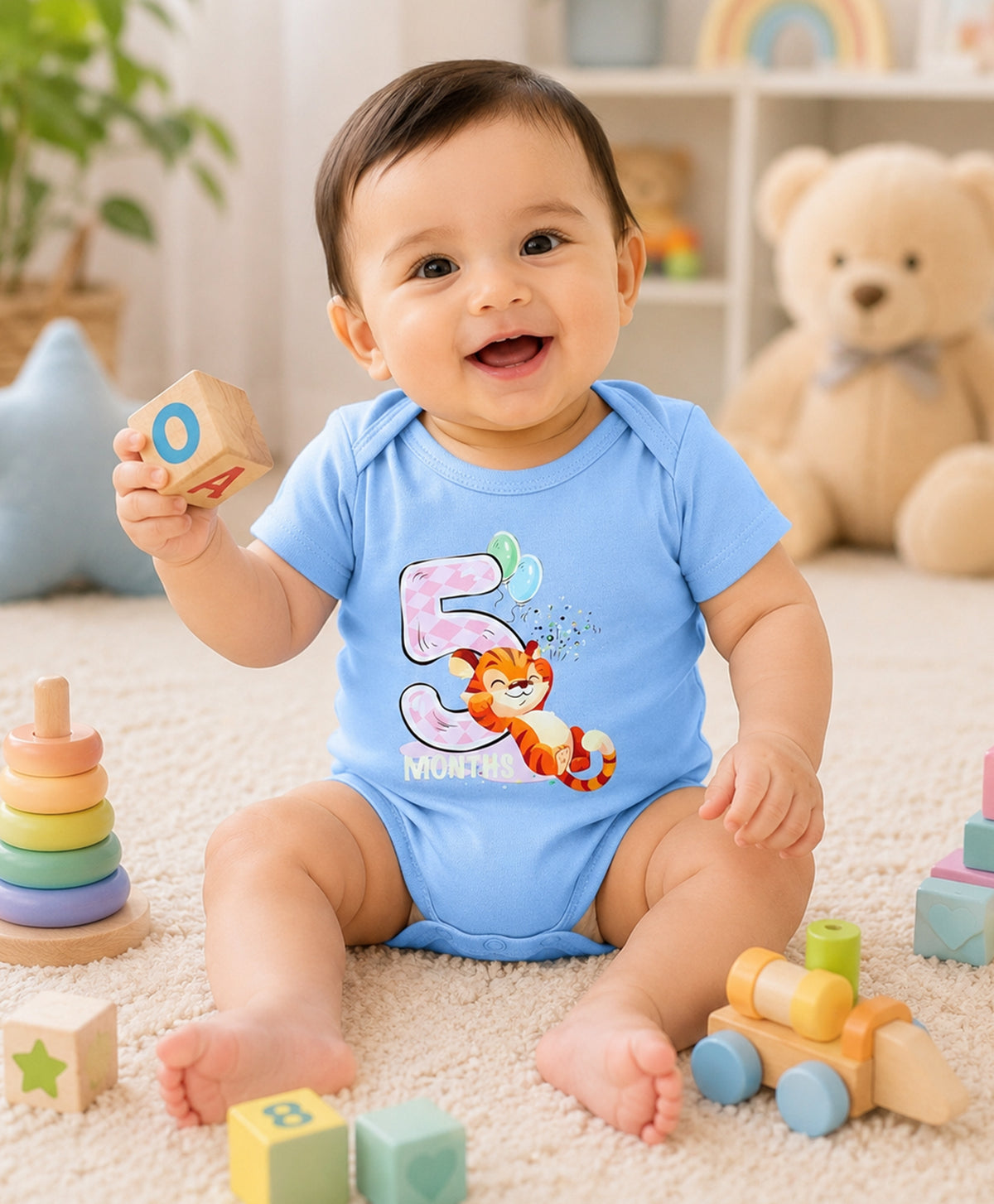 Bumzee Sky Blue Animal Print Bodysuit, Half Sleeves, 100% Cotton, Onesie (Style Peb11646)