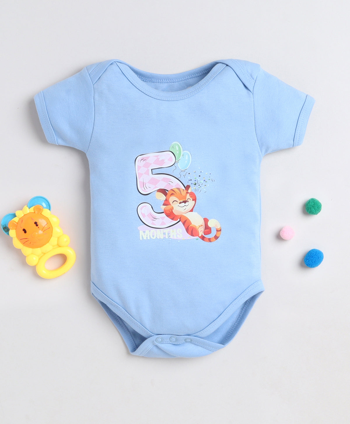 Bumzee Sky Blue Animal Print Bodysuit, Half Sleeves, 100% Cotton, Onesie (Style Peb11646)