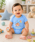 Bumzee Sky Blue Animal Print Bodysuit, Half Sleeves, 100% Cotton, Onesie (Style Peb11647)
