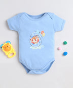 Bumzee Sky Blue Animal Print Bodysuit, Half Sleeves, 100% Cotton, Onesie (Style Peb11647)