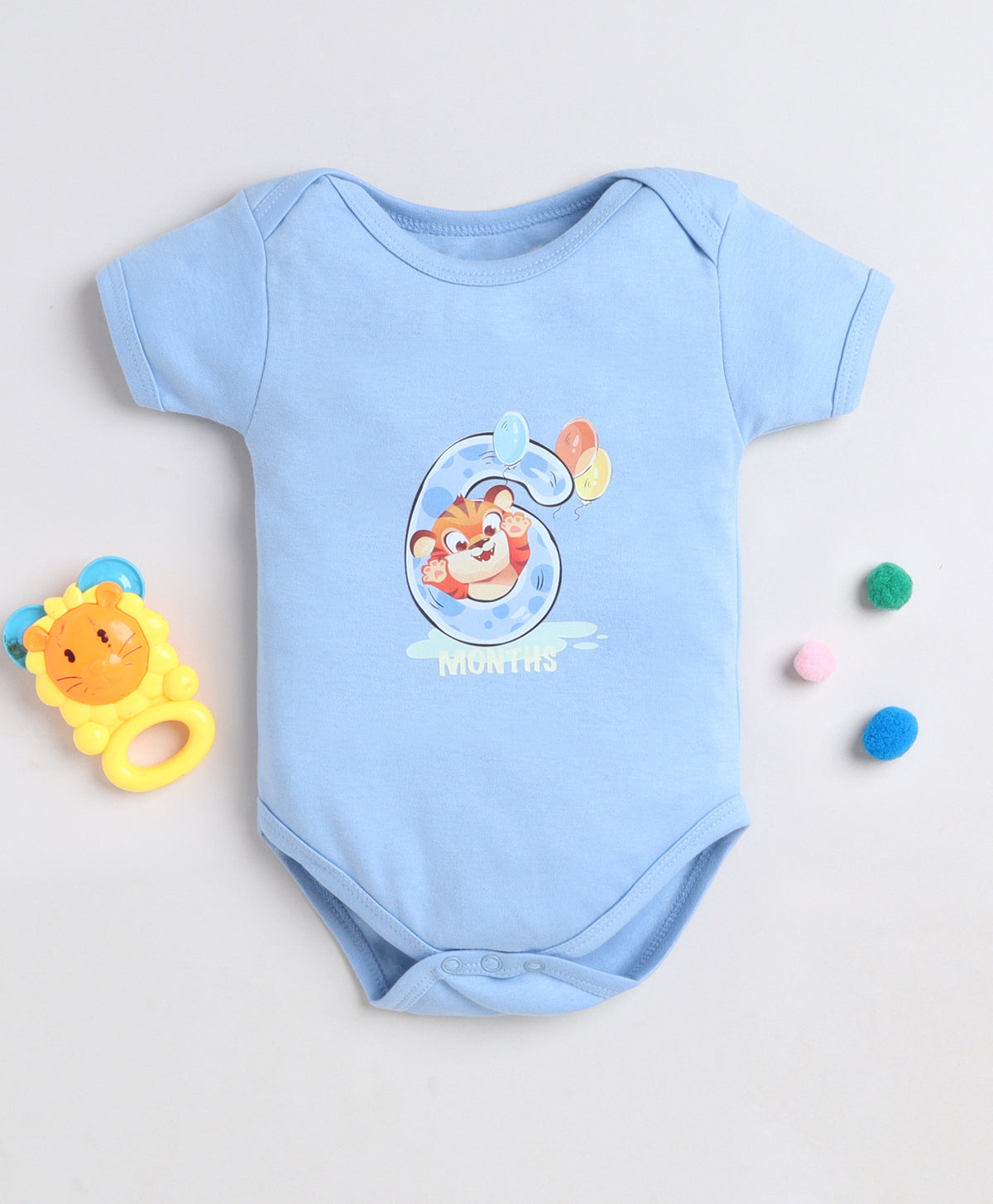 Bumzee Sky Blue Animal Print Bodysuit, Half Sleeves, 100% Cotton, Onesie (Style Peb11647)