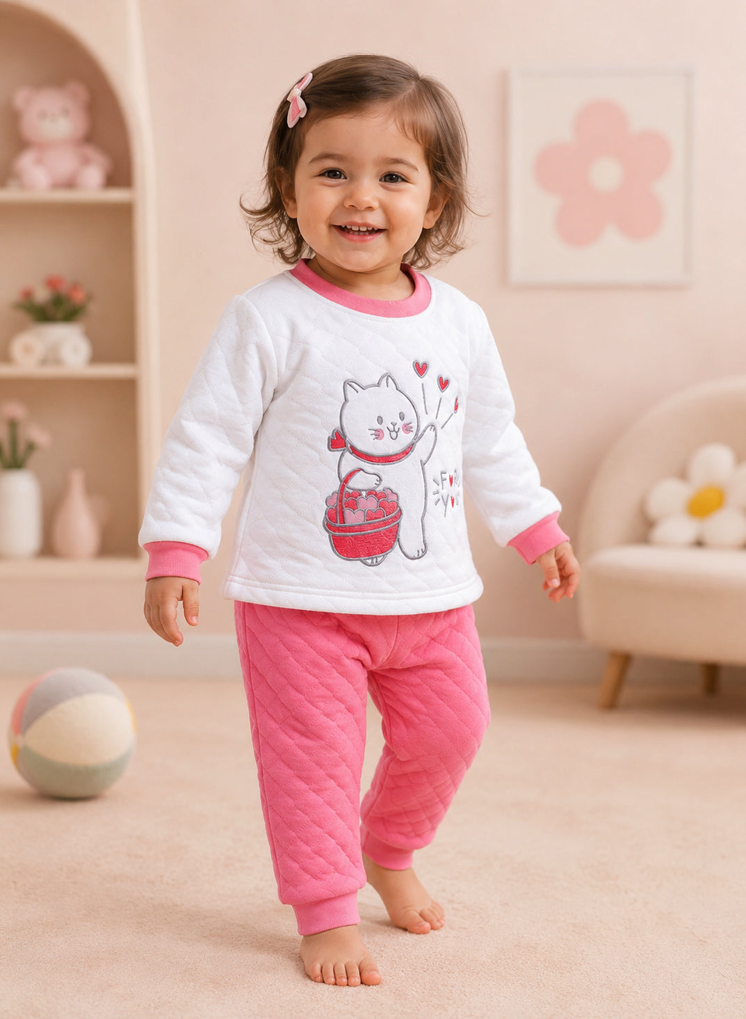 Bumzee Off White & Coral Pink Embroidered Winter Set, Full Sleeves, Padded