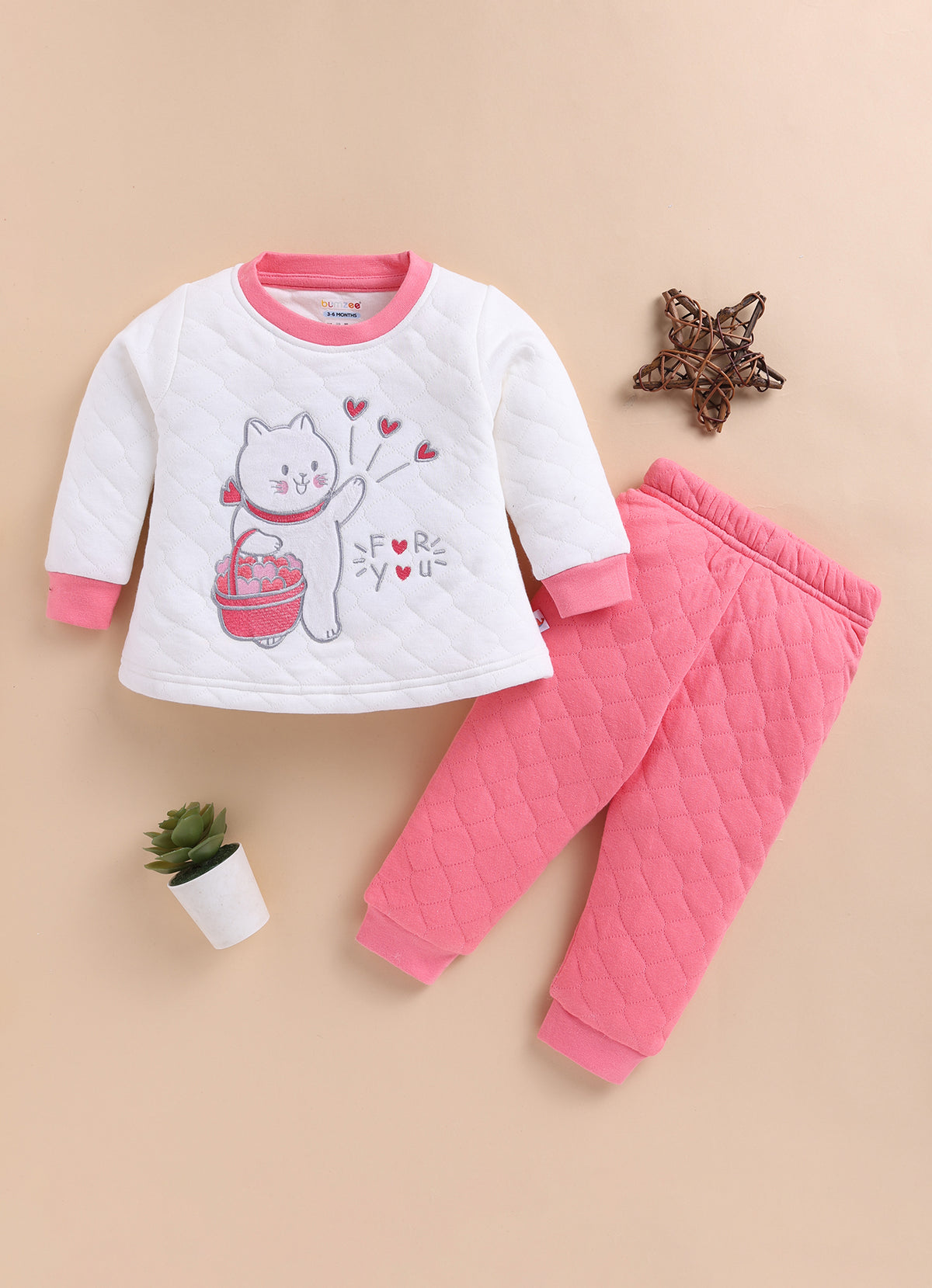Bumzee Off White & Coral Pink Embroidered Winter Set, Full Sleeves, Padded