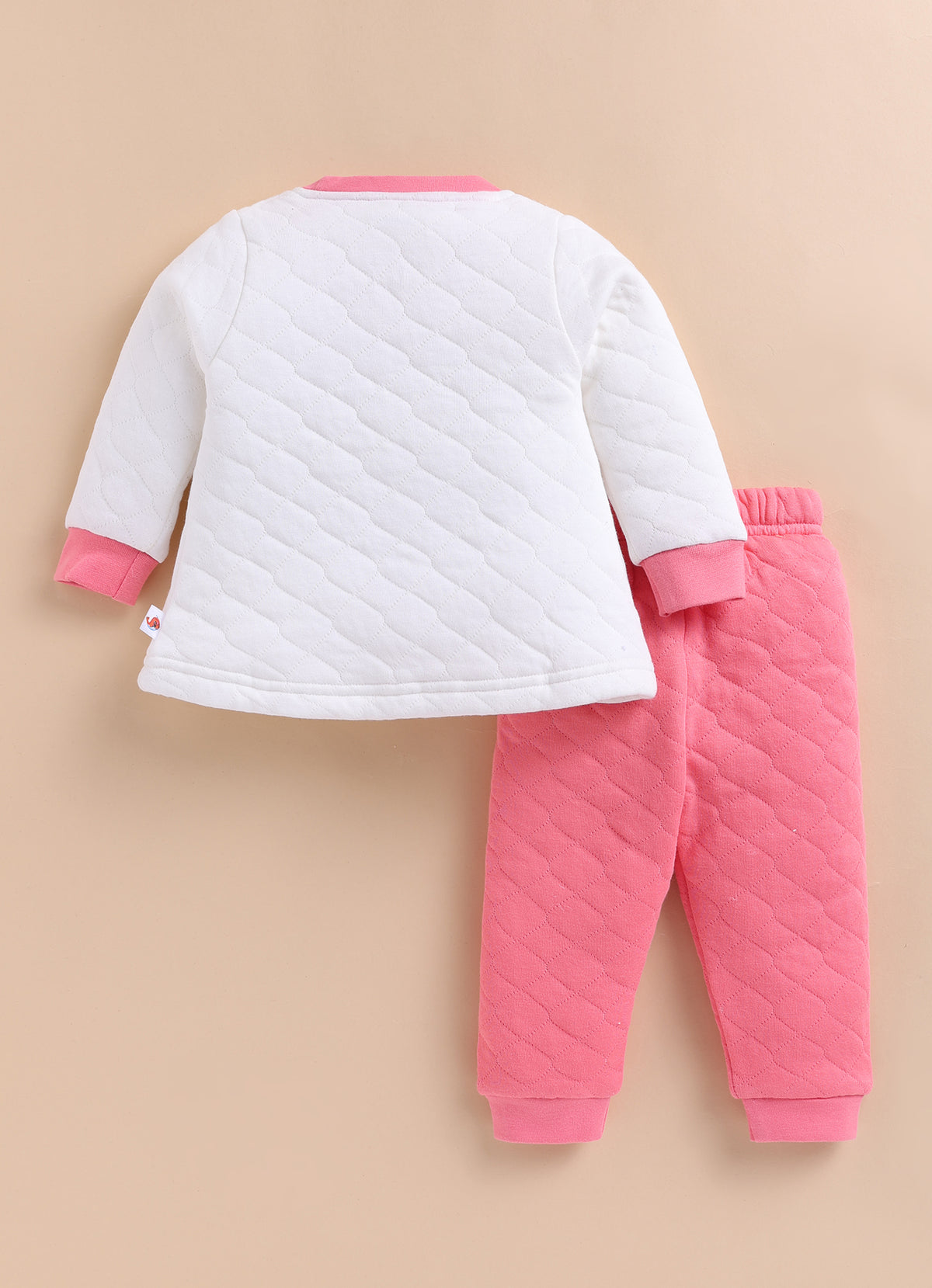 Bumzee Off White & Coral Pink Embroidered Winter Set, Full Sleeves, Padded