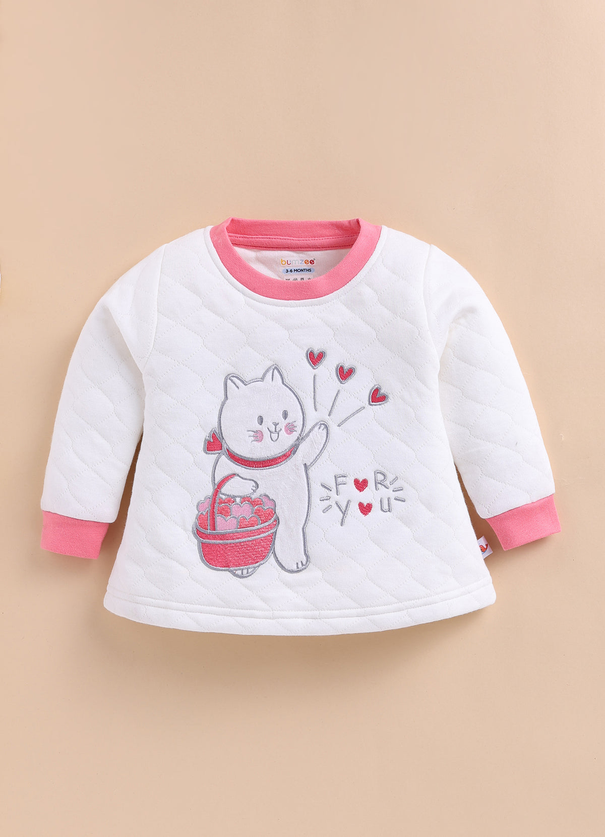 Bumzee Off White & Coral Pink Embroidered Winter Set, Full Sleeves, Padded