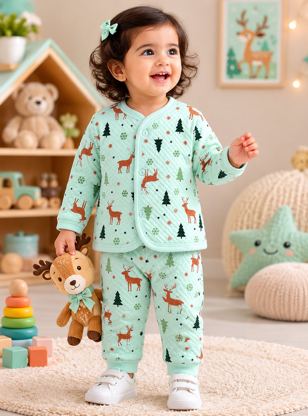 Bumzee Green Animal Print Winter Set, Full Sleeves, Padded (Style Peb11655)