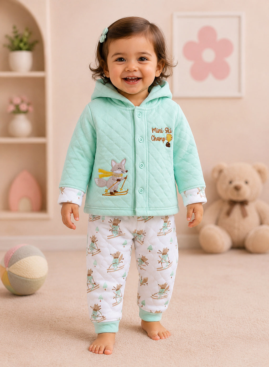 Bumzee Green & White Animal Print Winter Set, Full Sleeves, Padded