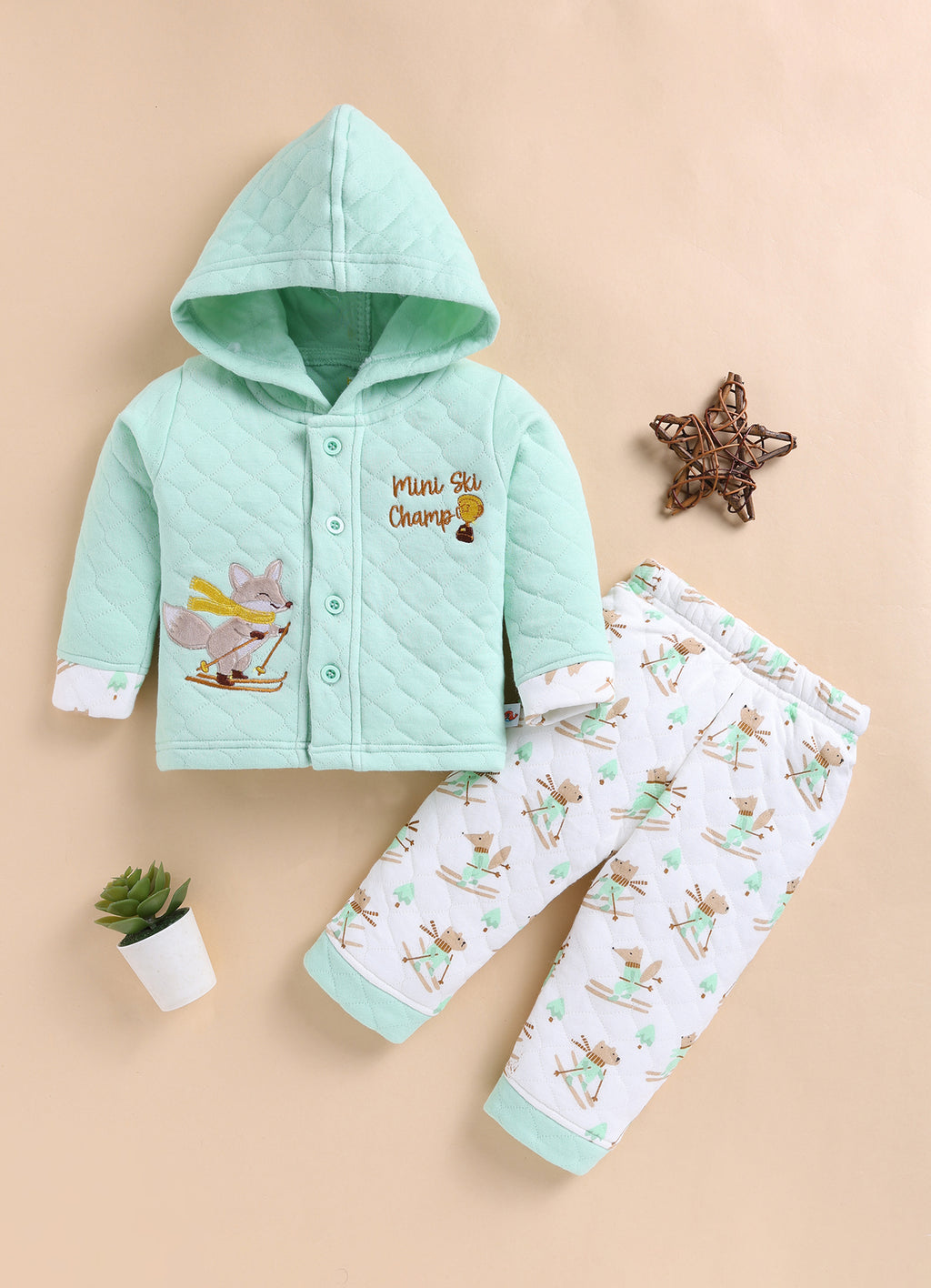 Bumzee Green & White Animal Print Winter Set, Full Sleeves, Padded