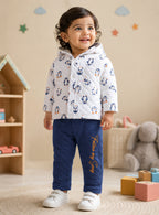 Bumzee White & Navy Animal Print Winter Set, Full Sleeves, Padded