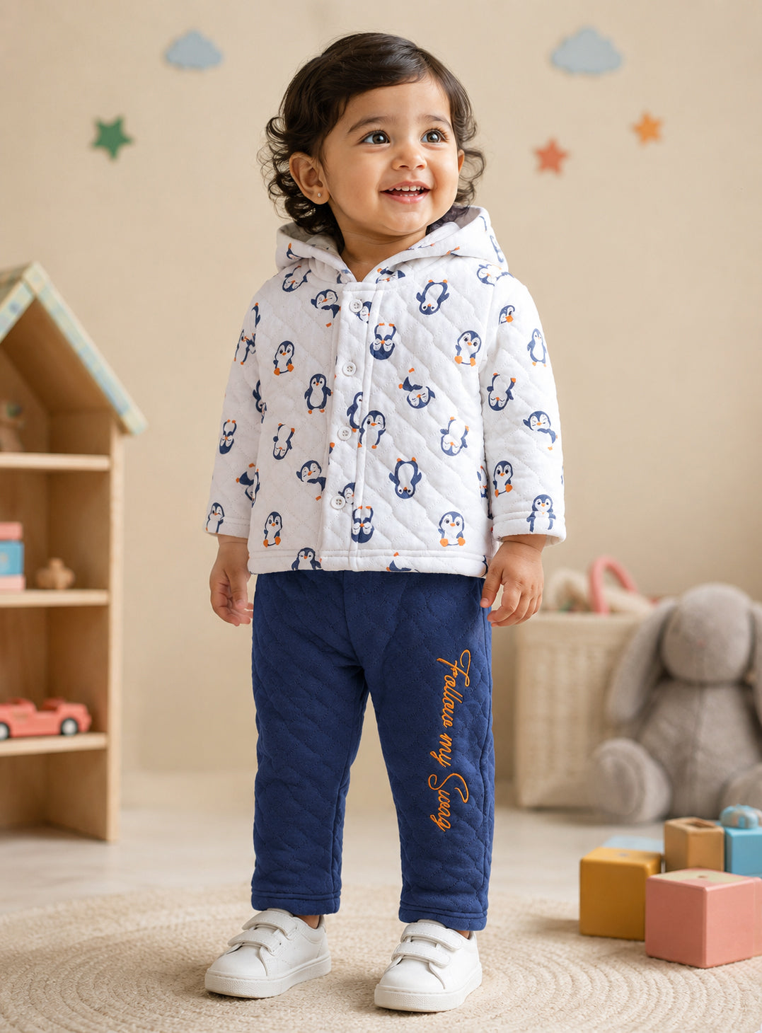 Bumzee White & Navy Animal Print Winter Set, Full Sleeves, Padded