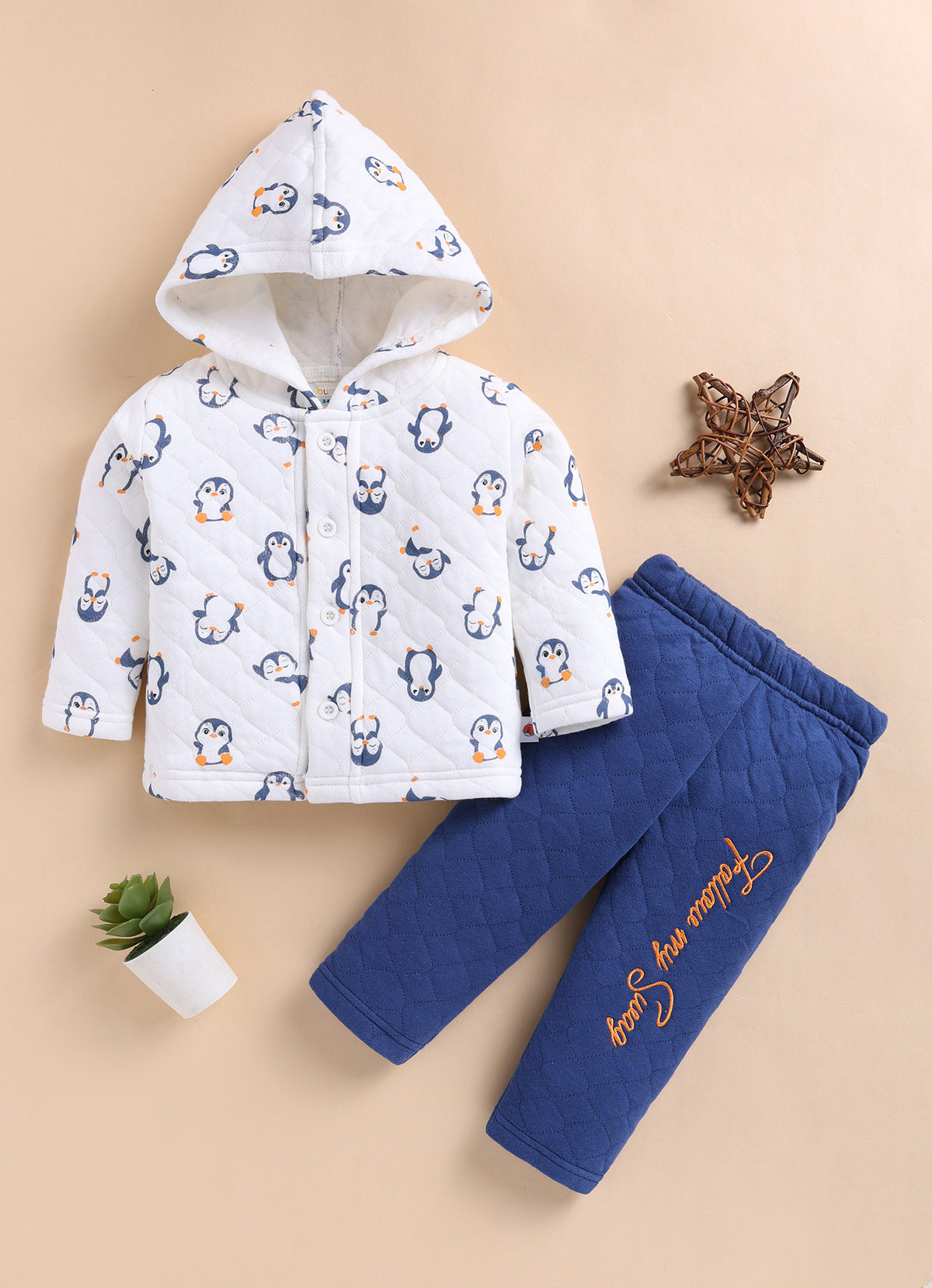 Bumzee White & Navy Animal Print Winter Set, Full Sleeves, Padded